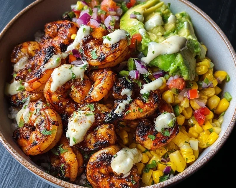 Grilled Shrimp Bowl with Avocado, Corn Salsa & Creamy Garlic Sauce