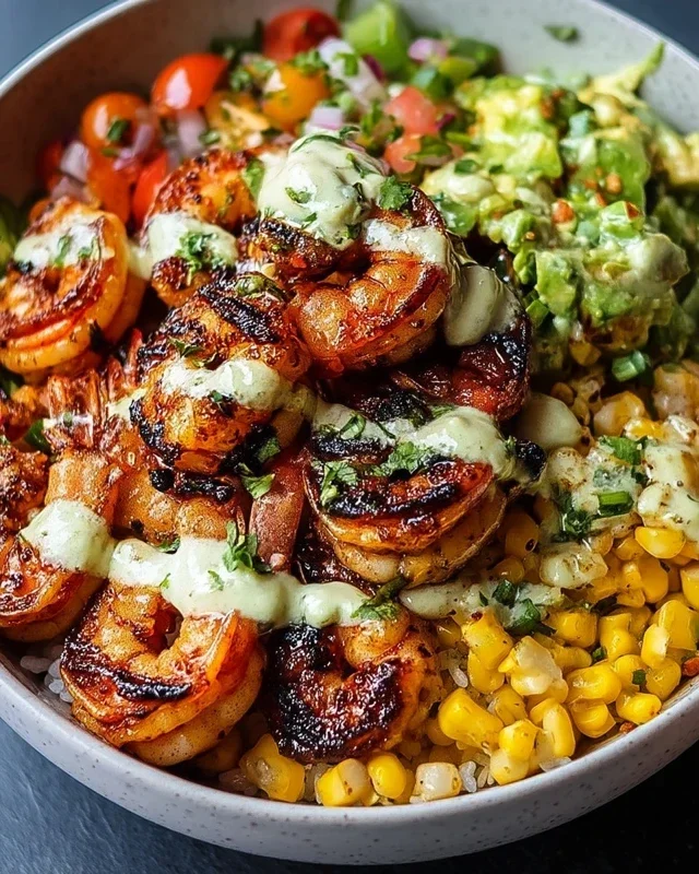 Grilled Shrimp Bowl with Avocado, Corn Salsa & Creamy Garlic Sauce