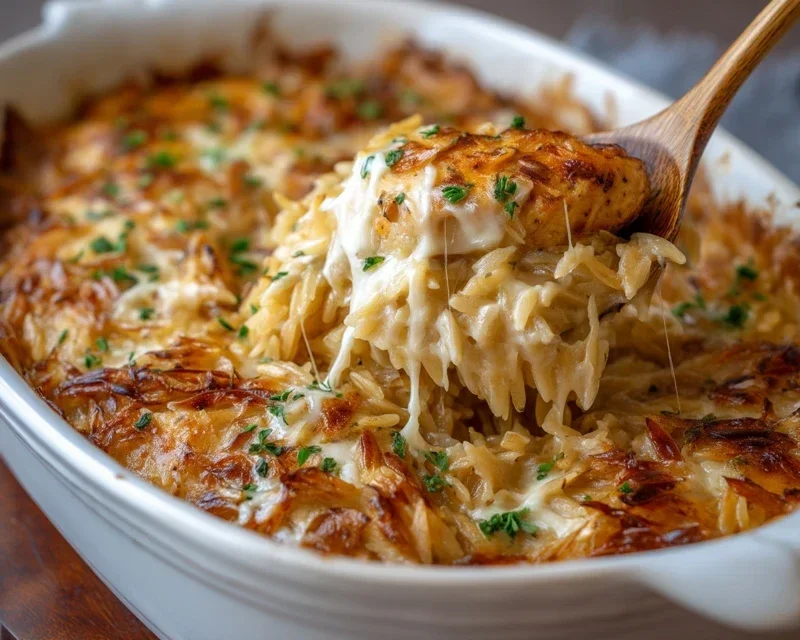 French Onion Chicken Orzo Casserole