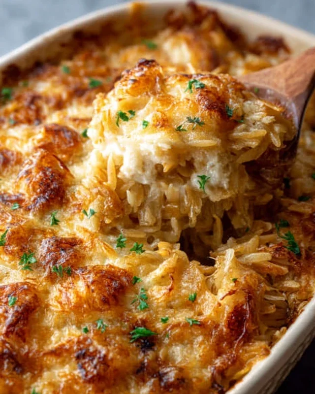 French Onion Chicken Orzo Casserole