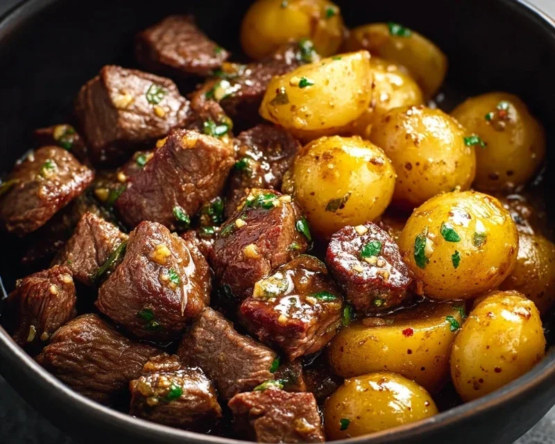 Slow Cooker Garlic Butter Beef Bites with Potatoes