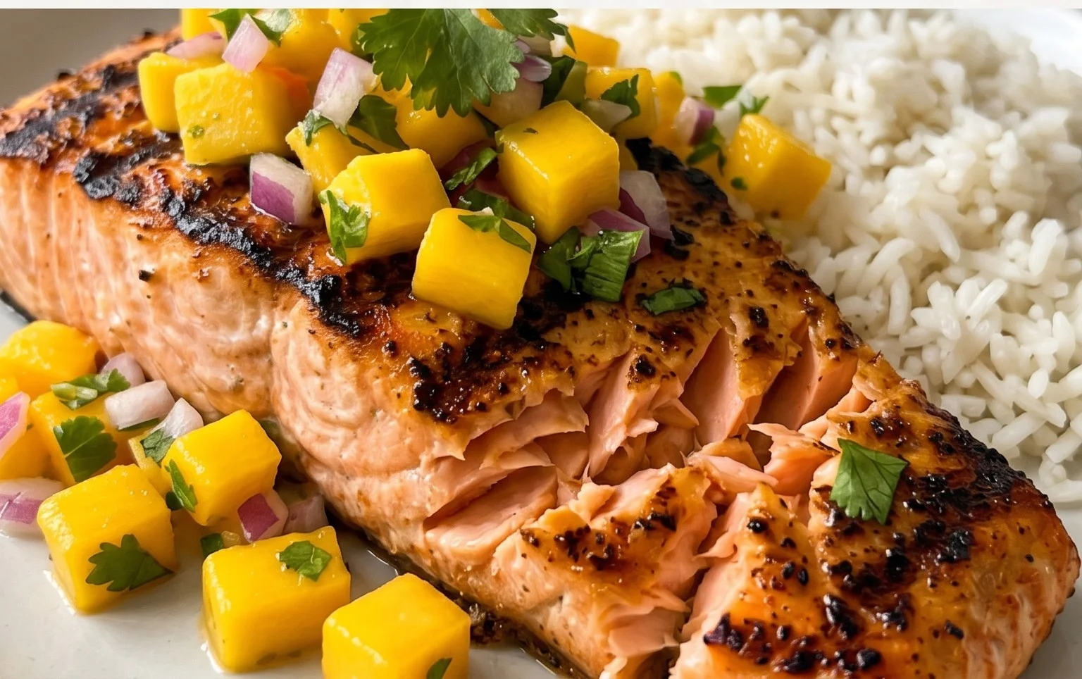 Grilled Salmon with Mango Salsa and Coconut Rice