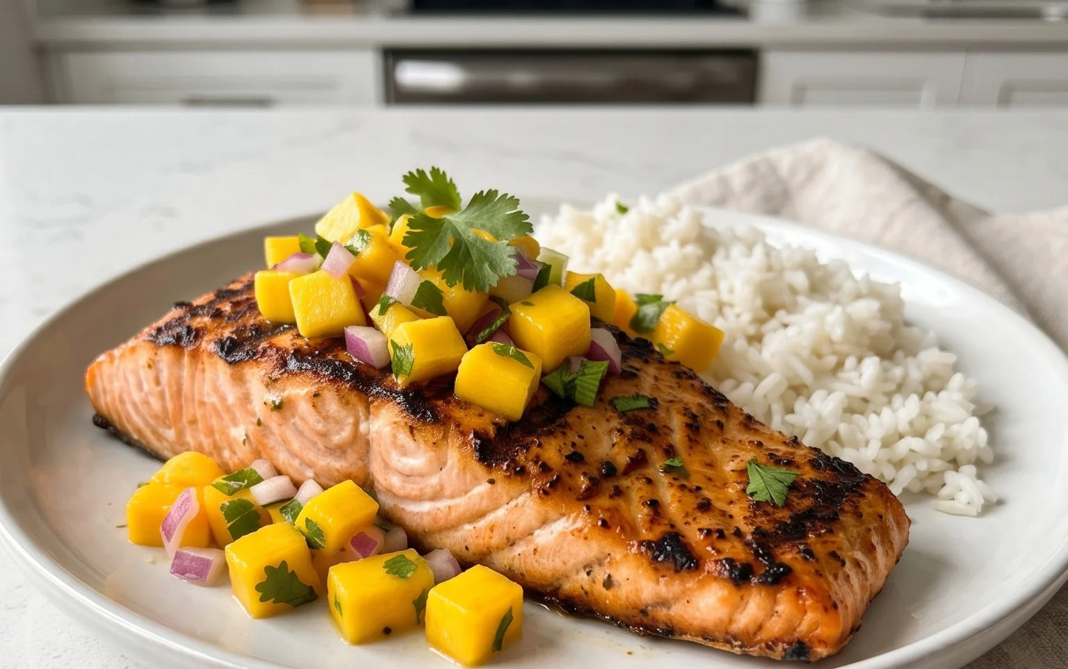 Grilled Salmon with Mango Salsa and Coconut Rice