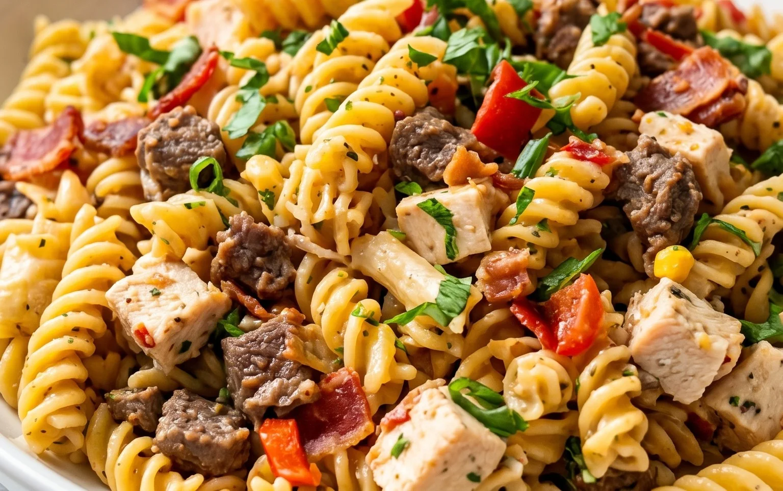 Chicken Beef Bacon Ranch Pasta Salad
