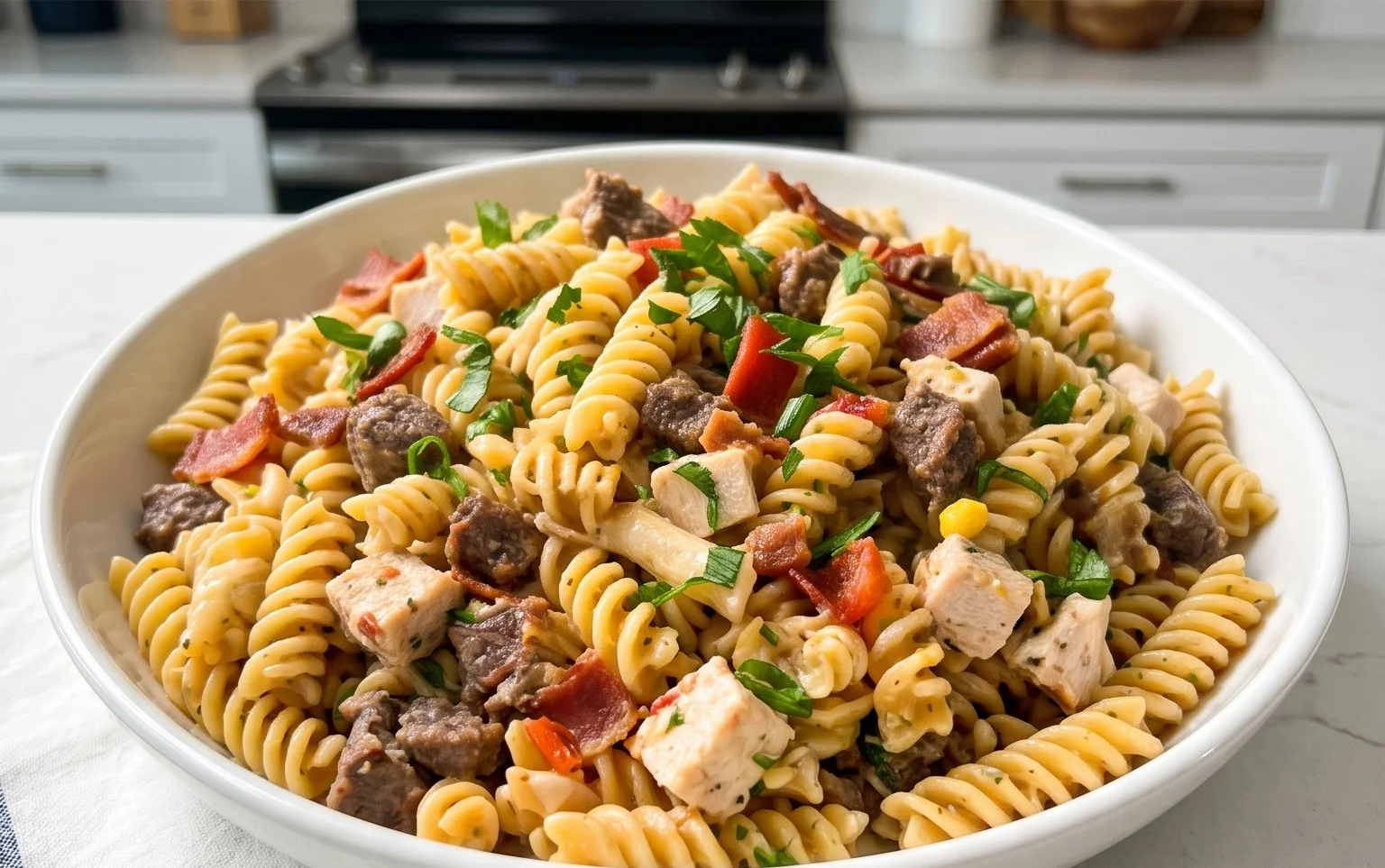 Chicken Beef Bacon Ranch Pasta Salad